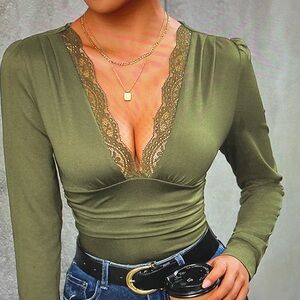 Elegant Olive Green Lace Trim Top